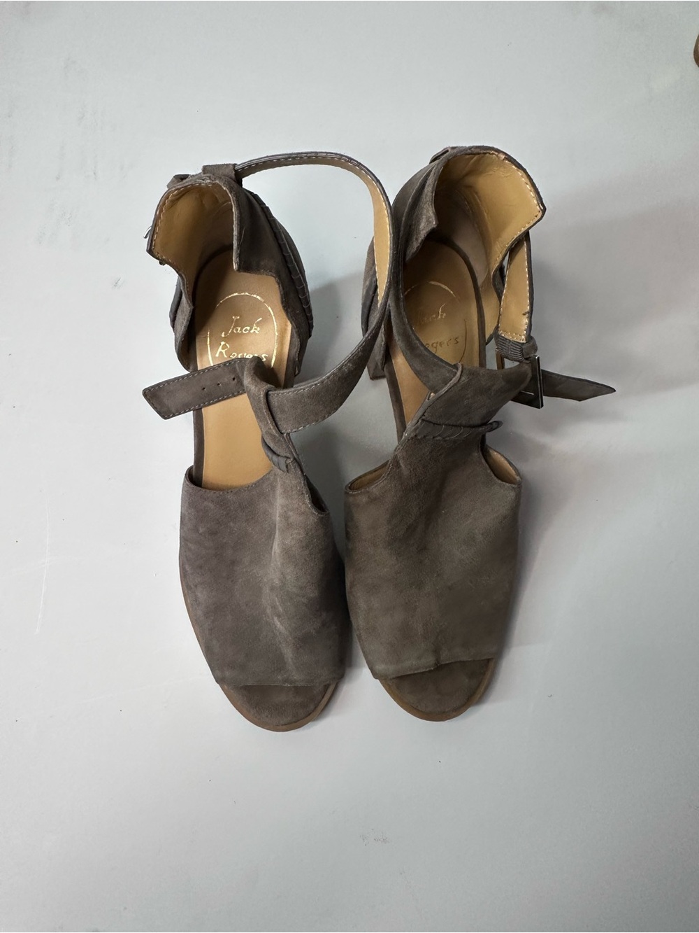Jack Rogers Taupe Suede Ankle-Strap Heeled Sandals